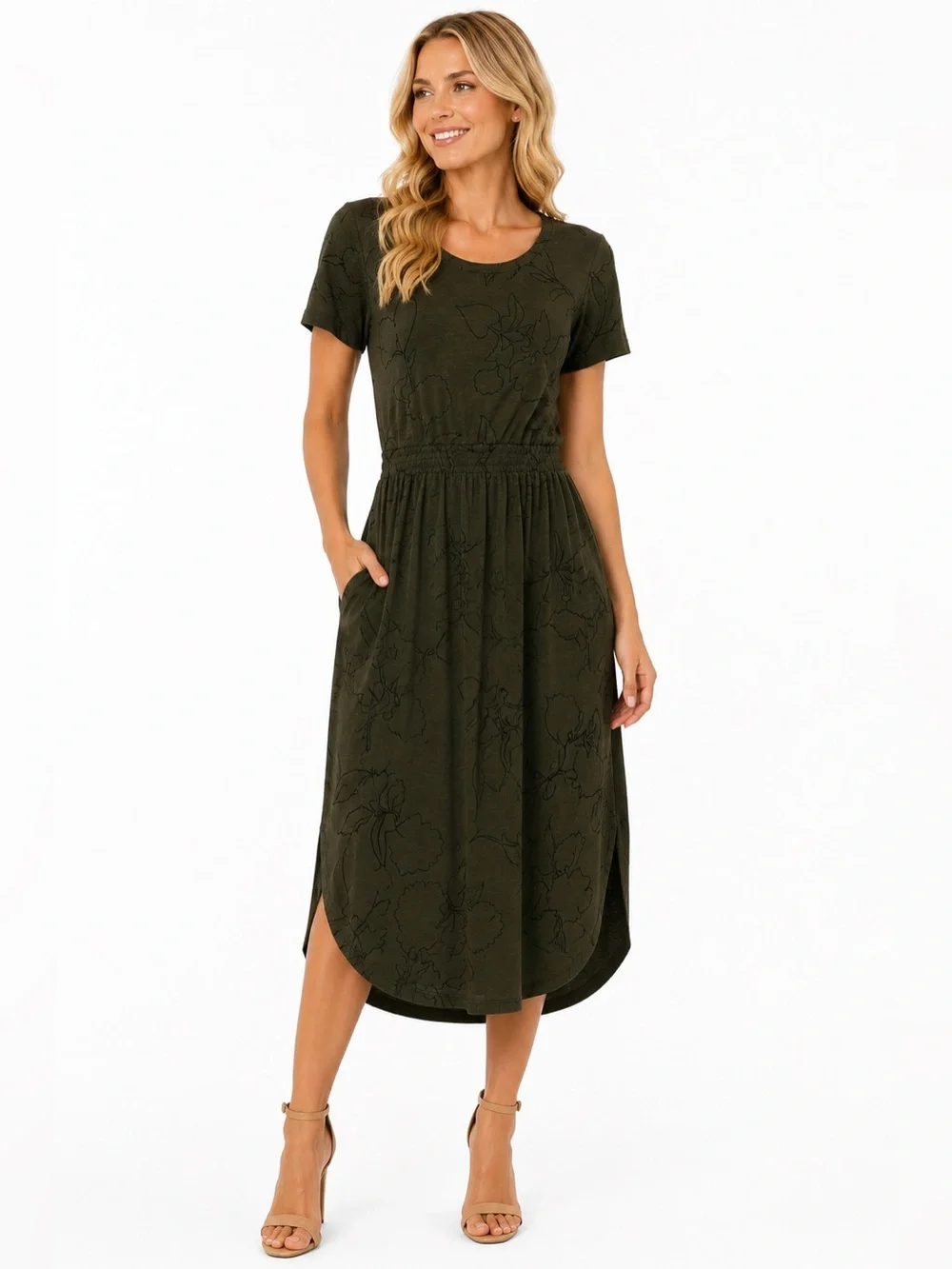 Apt. 9 Olive Short Sleeve Midi Dress with Pockets - Picture 1 of 3